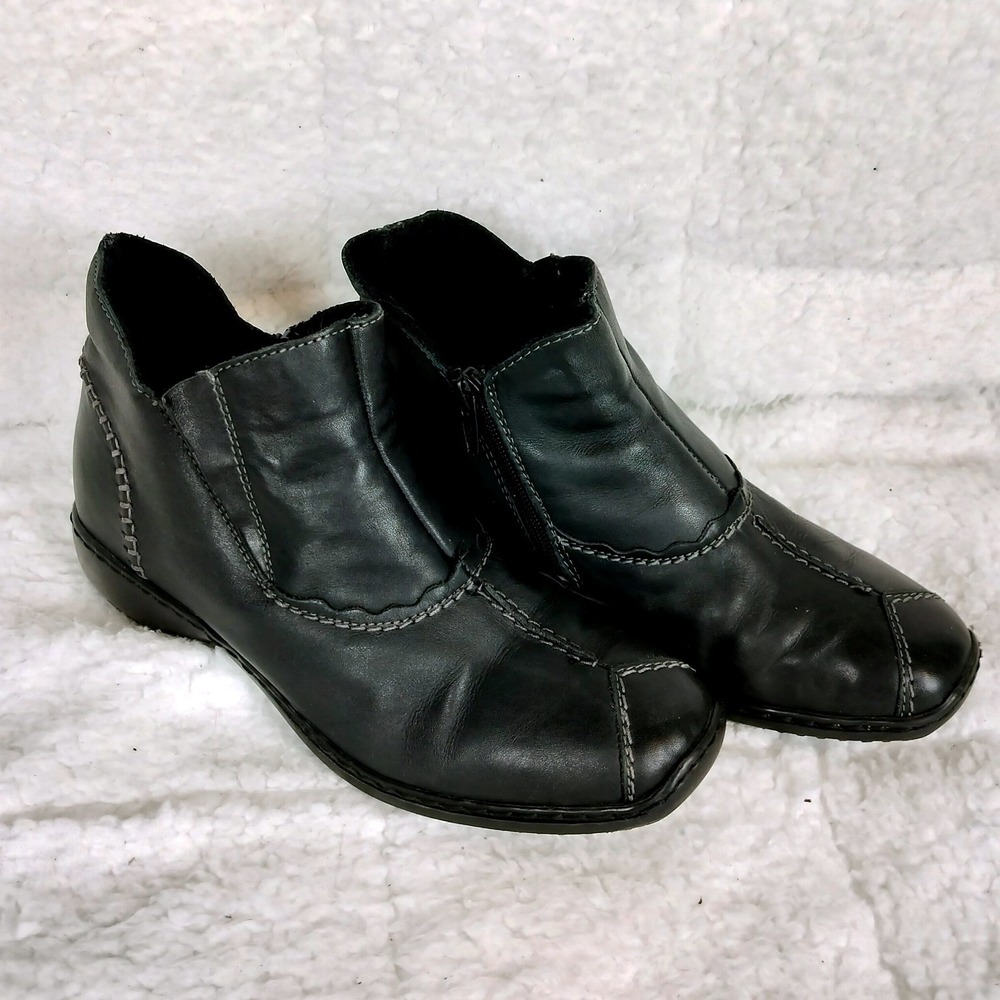 Rieker Leather‎ Antistress Zip Ankle Boots Womens Black Contrast Stitch Wedge